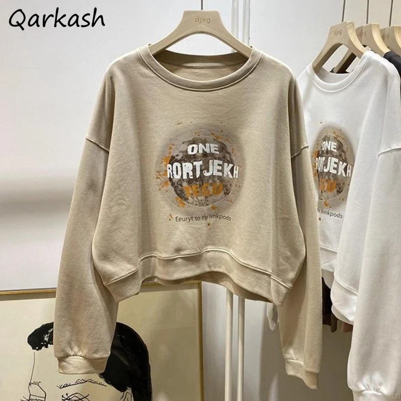 

American Style Retro Prints Sweatshirts Casual Baggy Y2k O-neck Tops Spring Autumn Students All-match Cropped Stylish Chic Teens