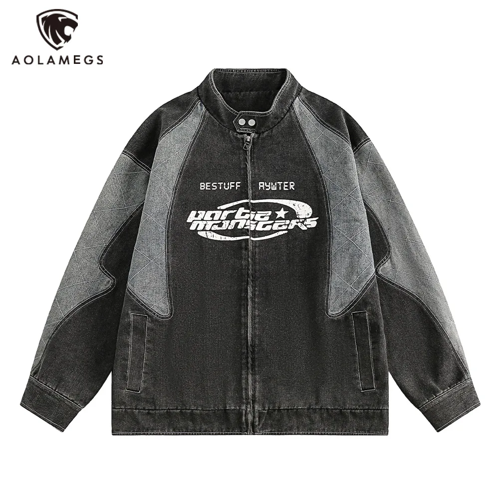 

Harajuku Men Colorblock Patch Stand Collar Denim Jackets Letter Print Oversized Washed Jacket Coat Men and Women Fashion Outwear