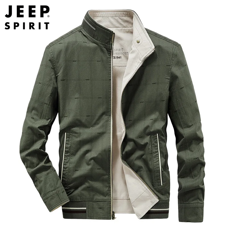 JEEP SPIRIT Men Fashion Urban Double Sided Jacket Autumn New Mens Casual Cotton Solid Coat Stand Collar Business Slim Fit Jacket 2