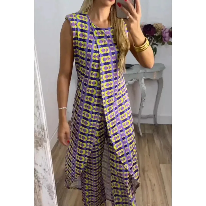 Women's Printed Round Neck Casual Sleeveless Top & Loose Pants Set Temperament Commuting Elegant Two Piece Suit Outfit for Women 2023 summer new fashion casual temperament elegant tie sleeveless hanging neck loose printed jumpsuit shorts