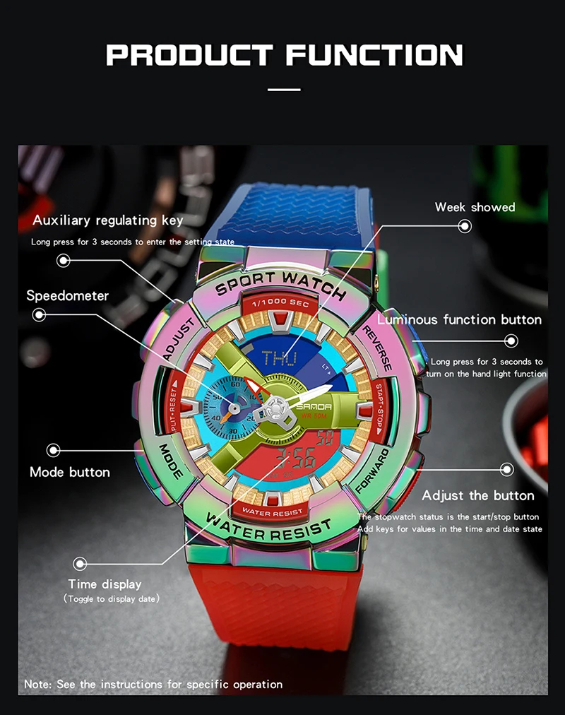 SANDA 9004 style hand lift lamp function creative personality men's double display synchronous movement electronic watch