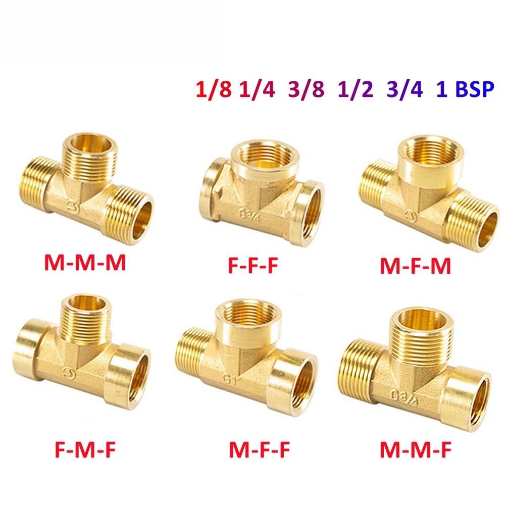 Pneumatic Plumbing Brass Pipe Fitting Male/female Thread 1/8 1/4 3/8  1/2 Bsp Tee Type Copper Fittings Water Oil Gas Adapter - Pipe Fittings -  AliExpress