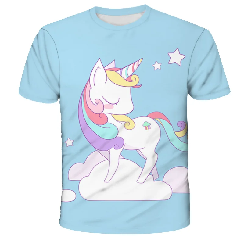 

2024 Summer Girls Unicorn T Shirt Cartoon Baby T-shirts Short Sleeves Full Print Children Clothing Cartoon Kids Clothes Tee Tops