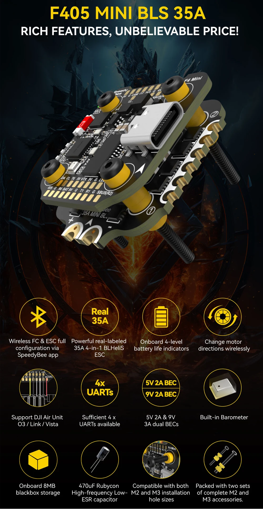 Description Picture 5 of itemSpeedyBee F405 Mini BLS 35A 20x20 Stack. F405 30x30 Mini Flight Controller, 35A BLHeli_S Mini 4-in-1 3-6S ESC For RC FPV Drone