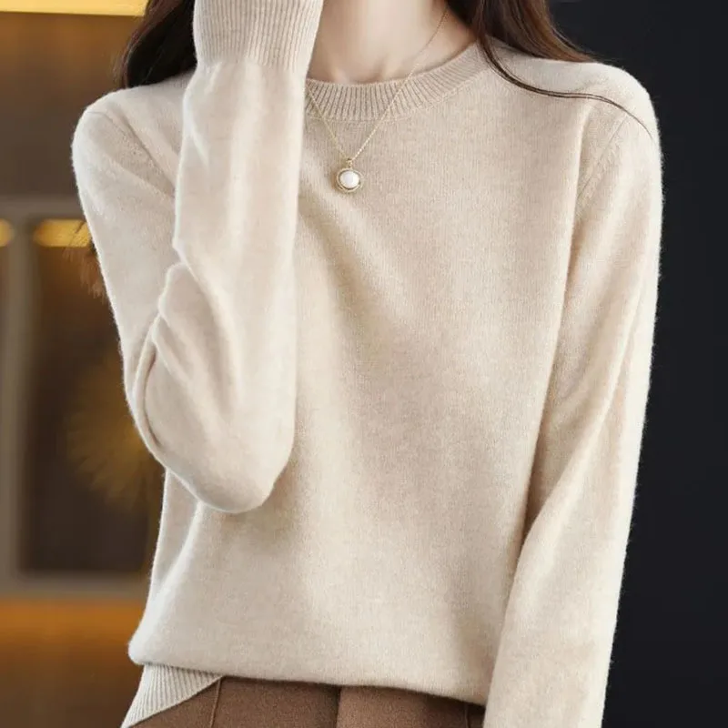 thumbnail image 1 of Suéteres de otoño e invierno para mujer, jerseys de punto ajustados con cuello redondo, ropa interior de color liso, suéter femenino, camisetas casuales, 1 of 5