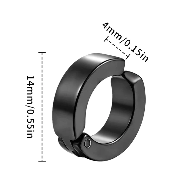 Black stainless steel clip-on hoop earring on a white background