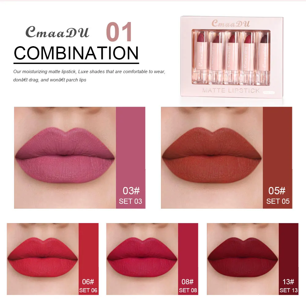 5-teiliges Lippenstift-Set, vielfältige Farbauswahl, einfache Anwendung, antihaftbeschichteter Becher, für ein makelloses Make-up_voghion.com