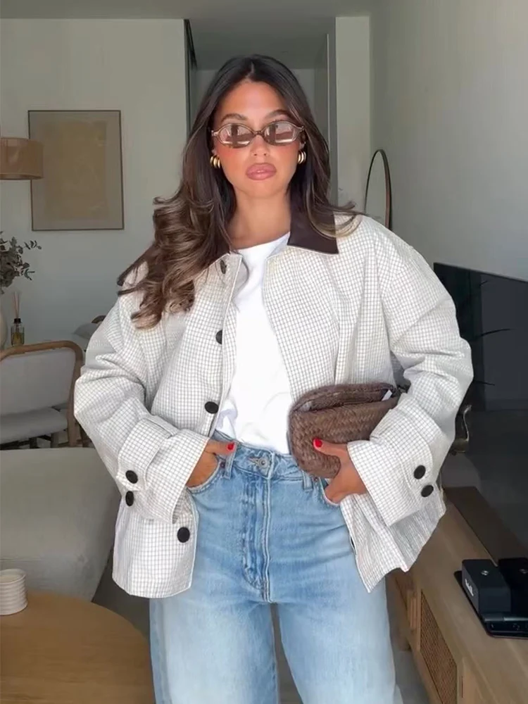 Women's Spliced Windbreaker Chic Lapel PU Collar Single Breasted Pocket Loose Jackets Ladies New Daily Commuting Outerwear