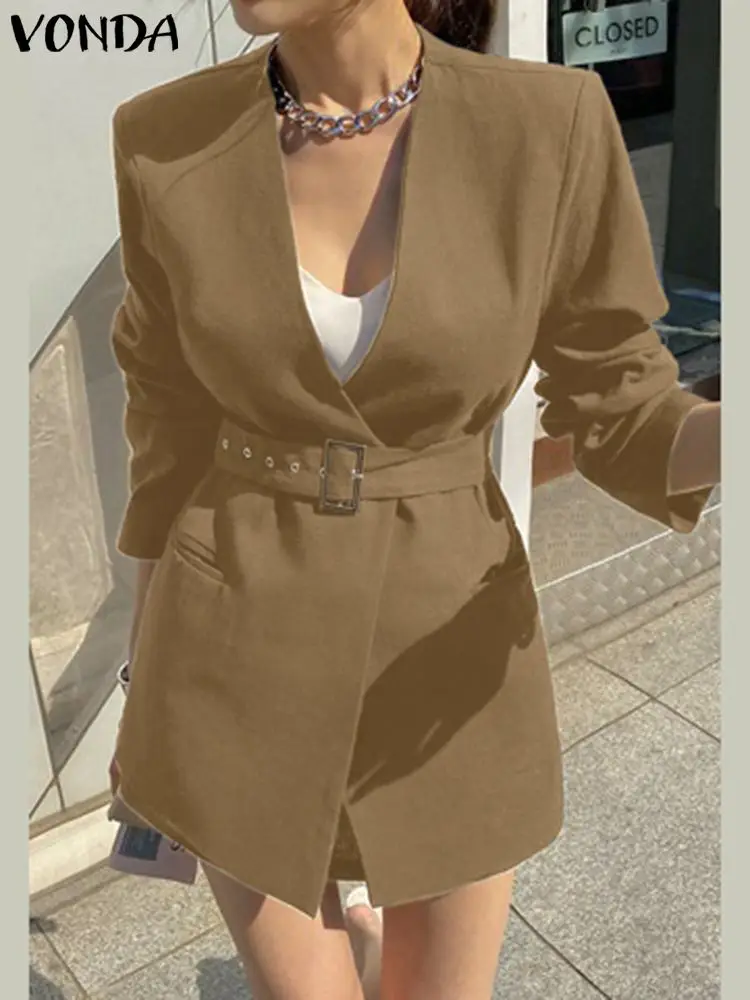 VONDA Elegant Long Sleeve Blazer Women Autumn V-neck Casual OL Blazer 2023 Fashion Belted Solid Color Streetwear Coats Femininas