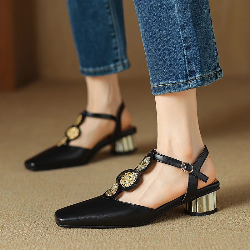 

Women's Roman Sandals Artificial Leather Square Toe Chunky Heel Summer Slingback Pumps Lady Retro T-Strap Buckle Casual Shoes 42