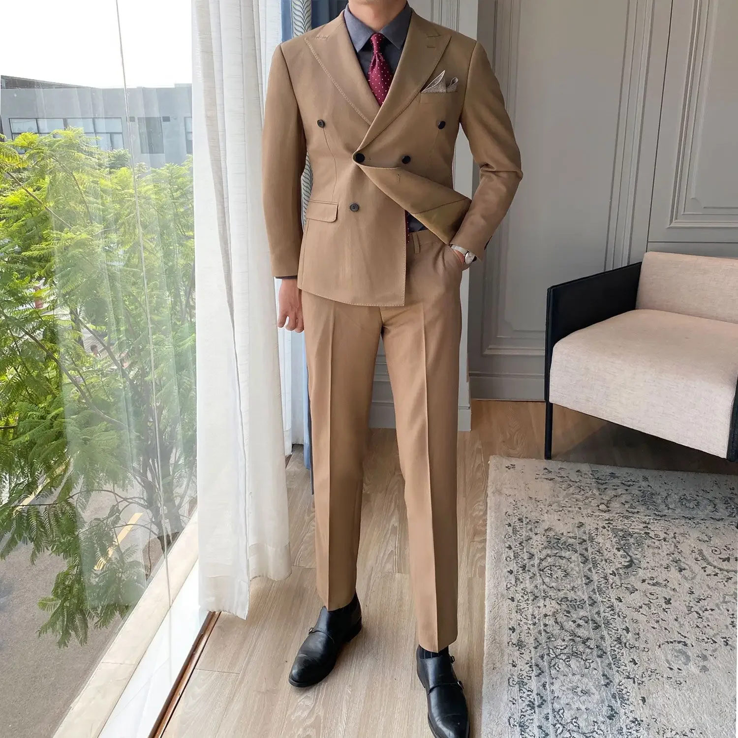 thumbnail image 1 of Trajes y blazers de doble botonadura para hombre, conjunto informal de 2 piezas de corte ajustado, para caballero, ceremonia de primavera y otoño, novedad, 1 of 4