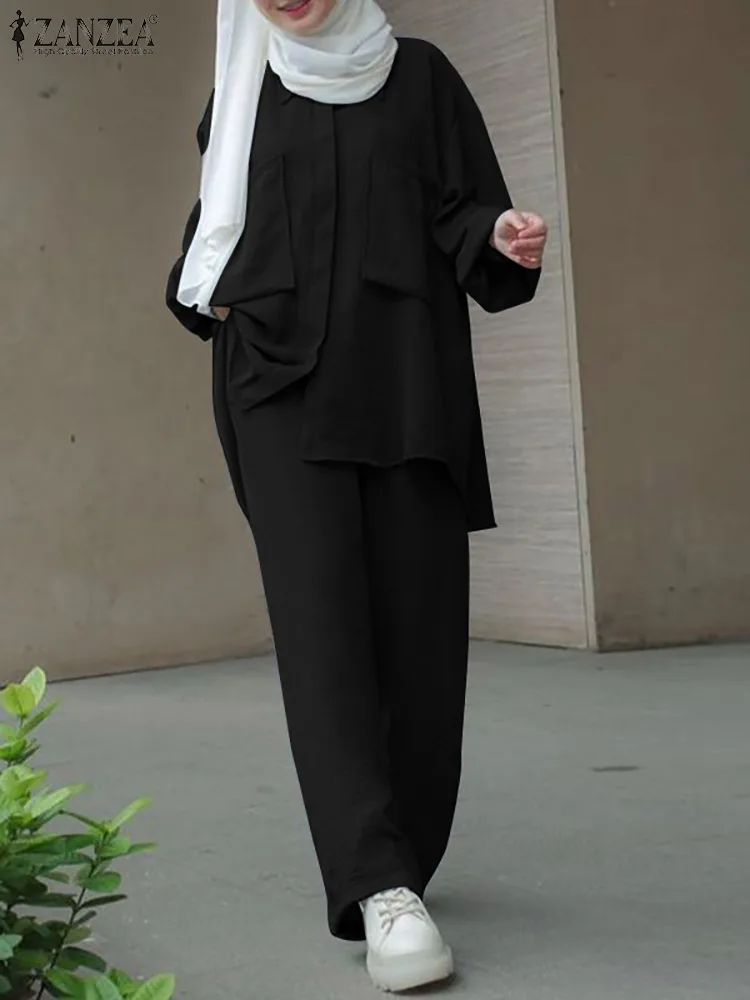 

Комплект ZANZEA женский однотонный из двух предметов, стильная Осенняя блузка с длинным рукавом, брюки с широкими штанинами