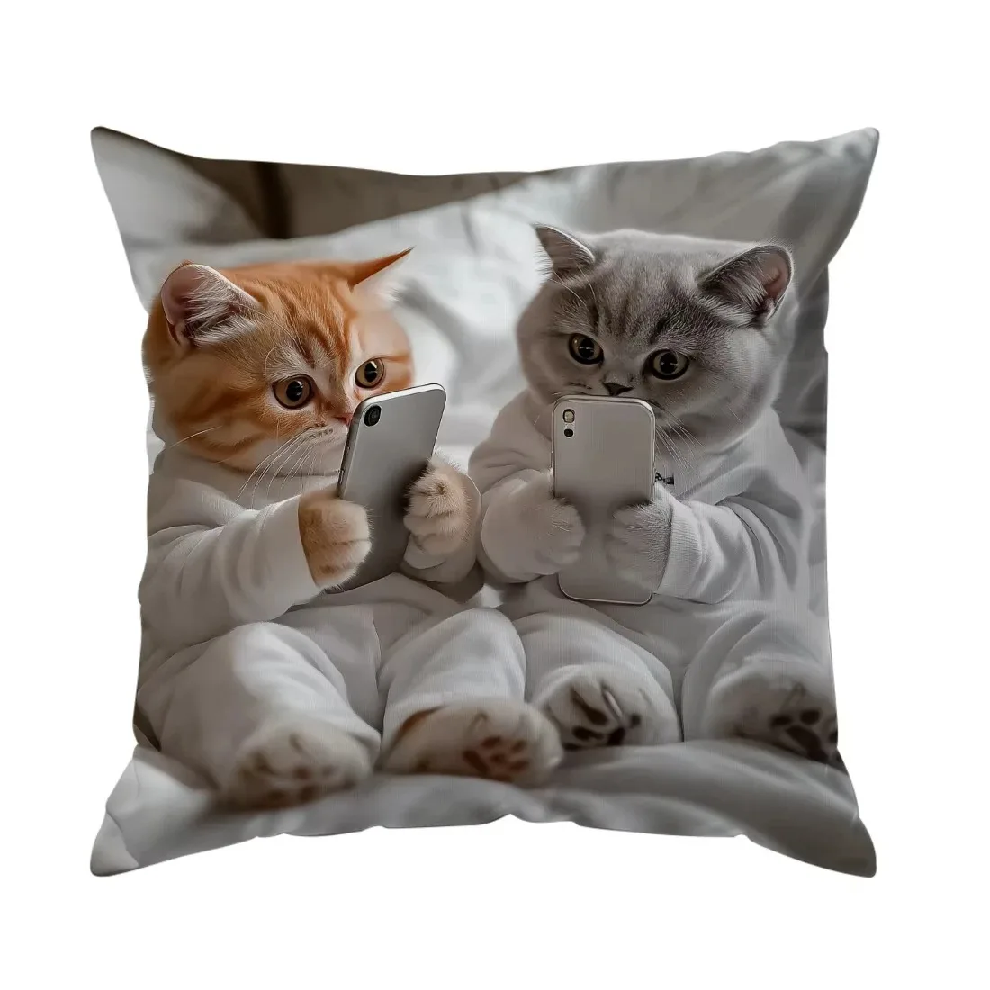 Orange kitten beside a gray kitten in a pale top with smartphones