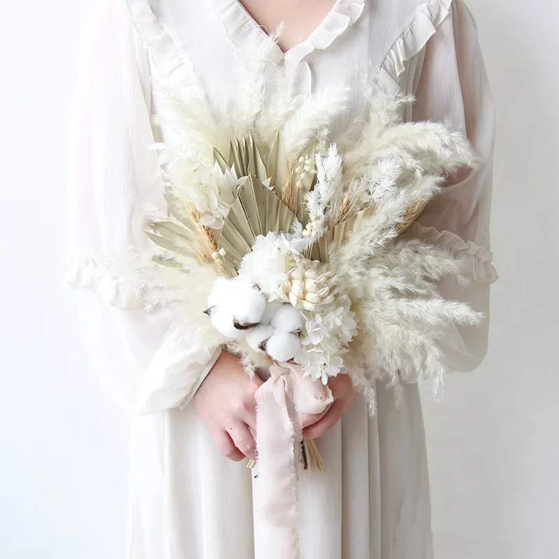 

Bridal Flower Bouquet Wedding Dried Flowers Fluffy Pampas Arrangement Natural Palm Leaves Cotton Flower Boho Home Decoration