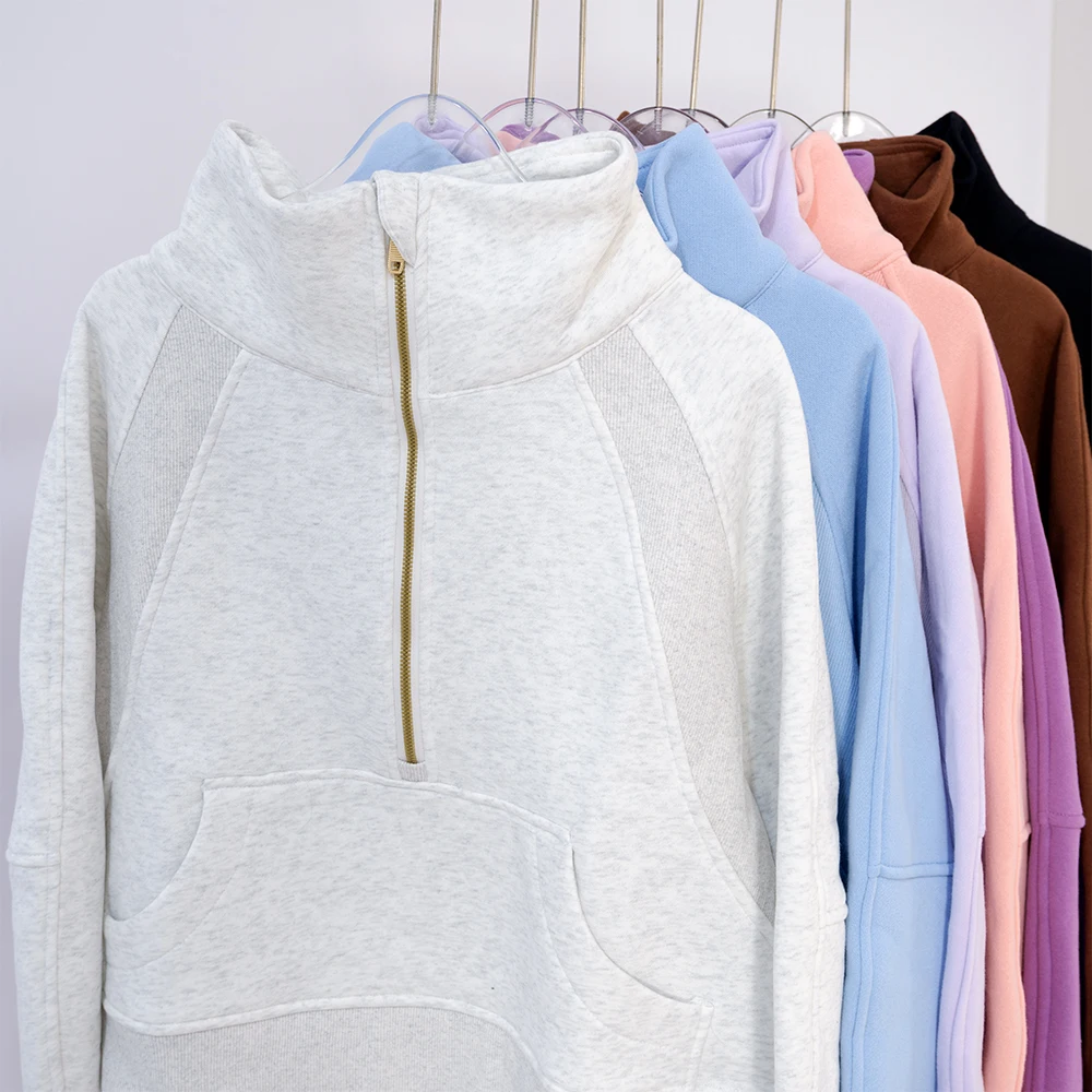 Nylon autumn and winter new women's hoodie sports semi zippered stand up collar plush outdoor running warm jacket loose