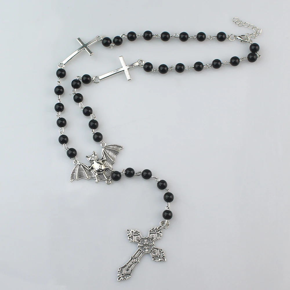 Ankh Cross Bat Pendant Necklace Goth Long Rosary Beaded Necklace Halloween Jewelry Y2k Punk Sweater Chain Necklace