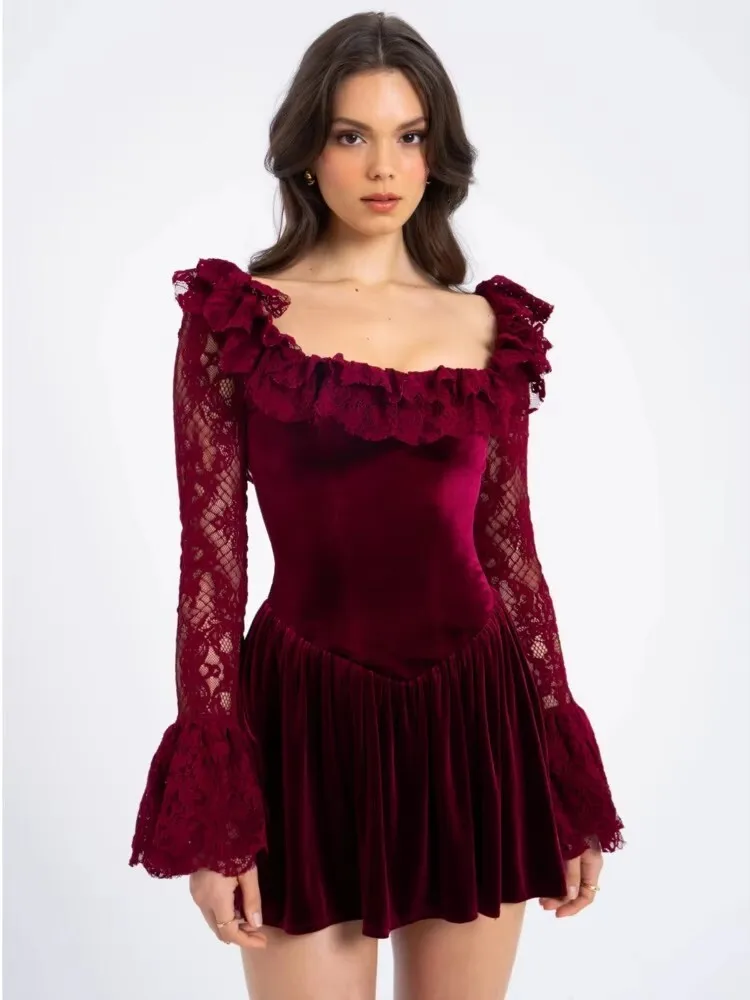 JULISSA MO Patchwork Flare Sleeve Lace Women Mini Dress Sexy See Through High Waist Dress Female Winter New Elegant Party Outfit