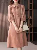 ZANZEA Women Cotton Shirt Dress 2024 Summer Lapel Neck Dresses Korean Office 3/4 Sleeve Midi Vestidos Elegant Solid Buttons Robe - Image 5