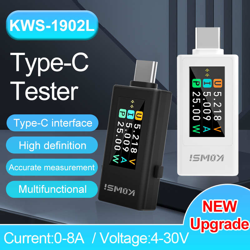KWS-1902L Type-C USB Tester Voltage Current Power Meter 4-30V 0-8A Power Off Storage Function Digital Colour Screen USB Tester