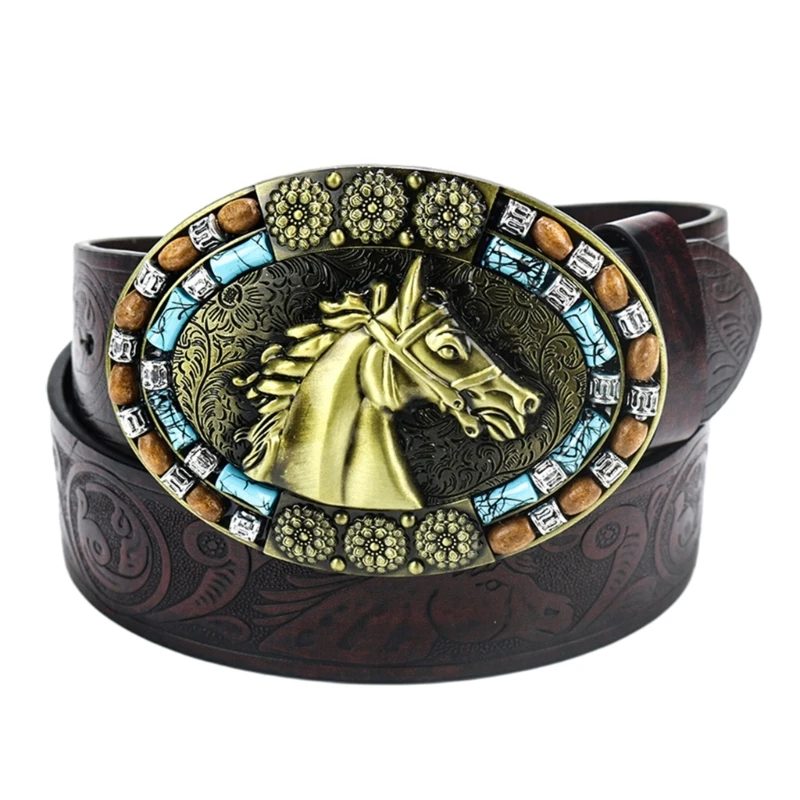 

Wear-Resistant Man Belt with Relief Horse Head Buckle Male Coat Pants Waistband