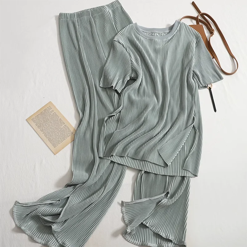 

Casual Two Pieces Suits 2023 Summer Short Sleeve O-neck T-shirt Top+ Elastic High waist Split Wide Leg Pant Woman Loose Sets