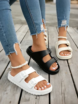 Women's Casual Simple Double-Strap Buckle Adjustable Thick-Soled Flat Eva One-Piece Breathable Open-Toe Beach Outdoor Slippers, Comfortable for Home Use