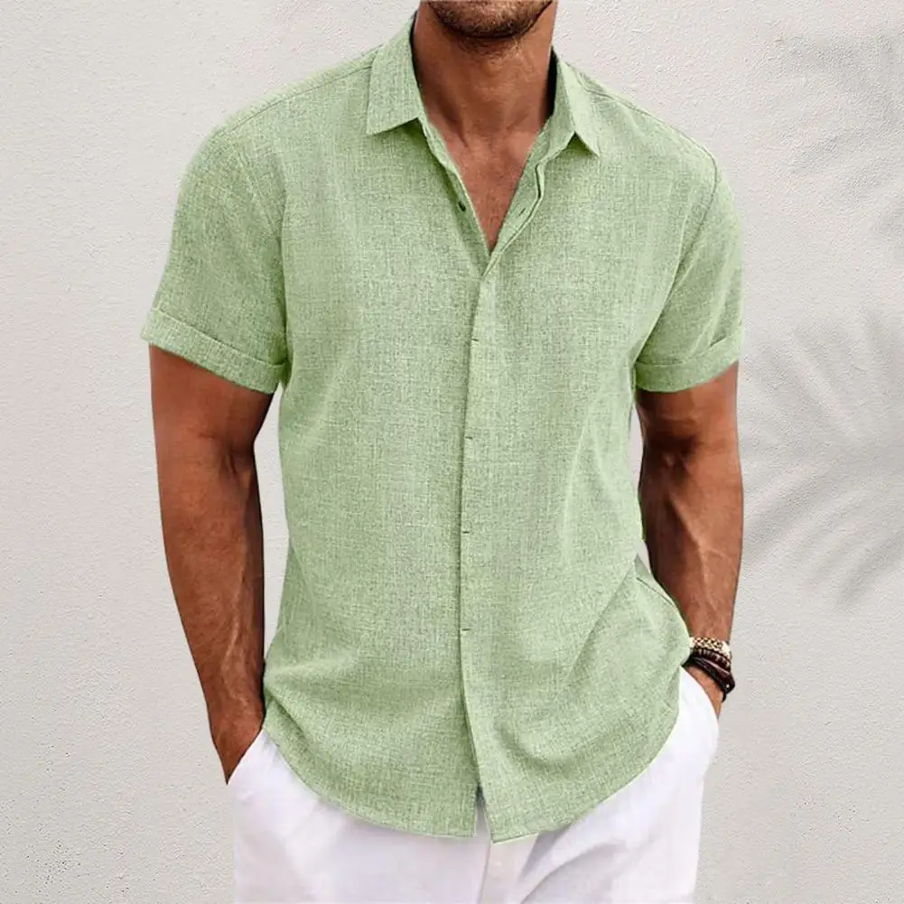 Short Sleeve Shirt Men's Casual Loose Fit Short Sleeve Lapel Shirt with Solid Color Buttons Placket Lightweight Summer for Male 3