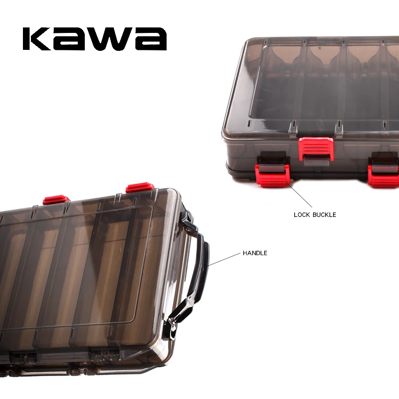 Kawa New Fishing Double Sided 14/10 Compartments Brown Fishing Box High Strength Transparent Visible Plastic Box With Drain Hole
