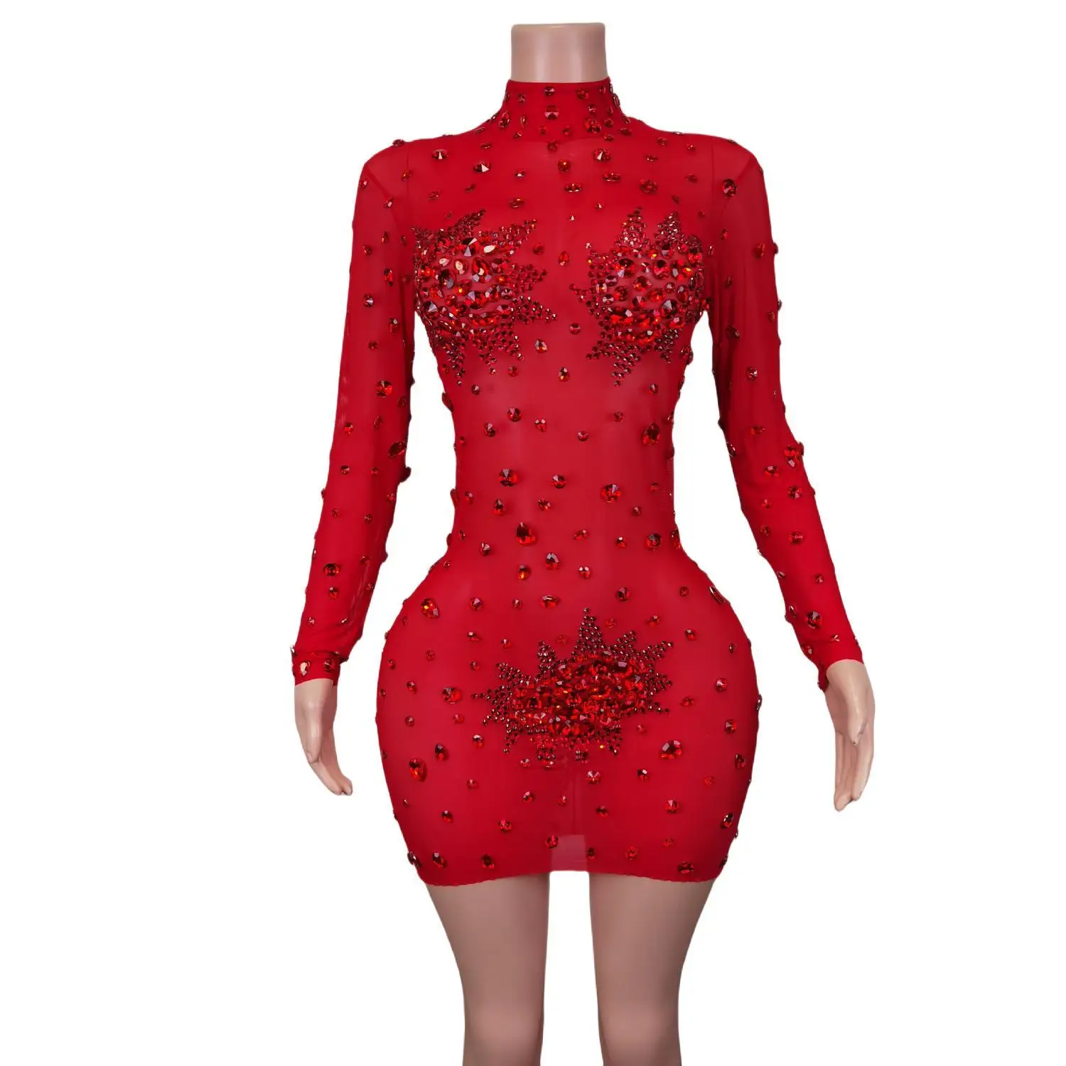 

Women Luxury Red Rhinestones Sexy Sheath Mini Dress Evening Party Performance Costume Nightclub Singer Stage Wear Guibin