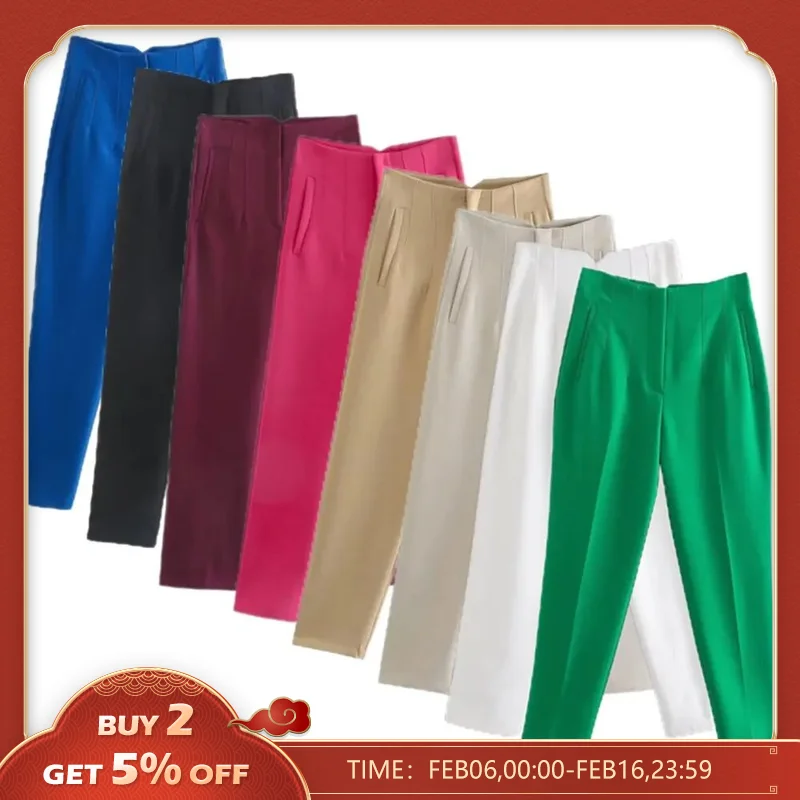 ¡Oferta! Pantalones recortados de cintura alta informales de oficina de cuatro estaciones de BMURHMZA a la moda para mujer