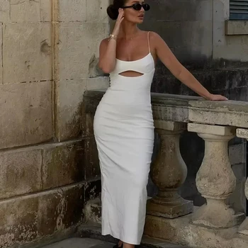 TRAF 여성용 실크 새틴 단색 미디 드레스, 빈티지 백리스 슬링 드레스, 얇은 스트랩, 2022 패션