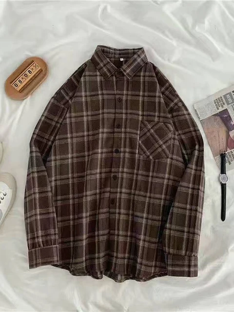 JMPRS Vintage Women Plaid Shirts Autumn Long Sleeve Oversize Button Up Tops Korean Loose Casual Fall Outwear Femme Shirts 5