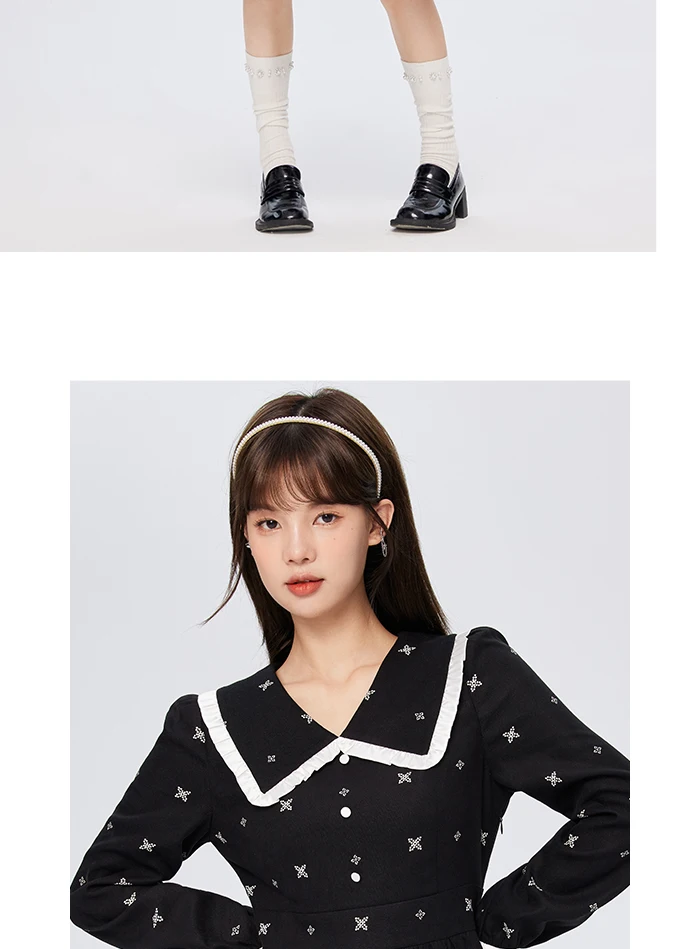 Vestido de mujer con mangas abullonadas y estampado completo, negro, de invierno, con solapa de encaje.