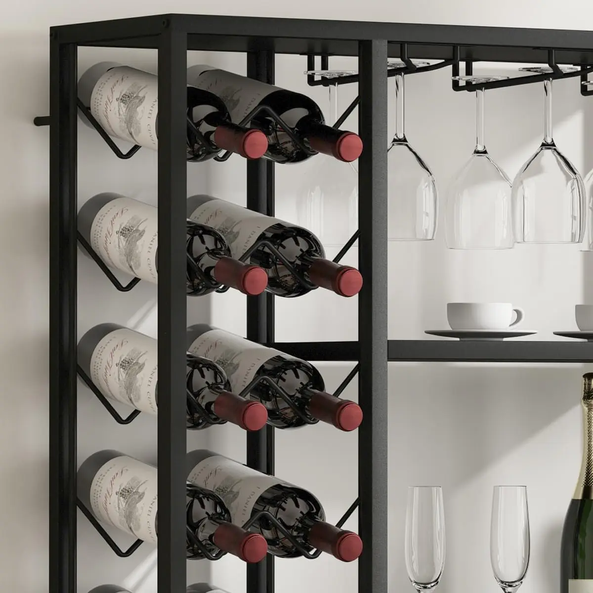 Tall Wine Bar Cabinet, 5 Tier Industrial Liquor Cabinet with Glass Holder and Wine Storage, Farmhouse Metal Coffee Bar Cabinet