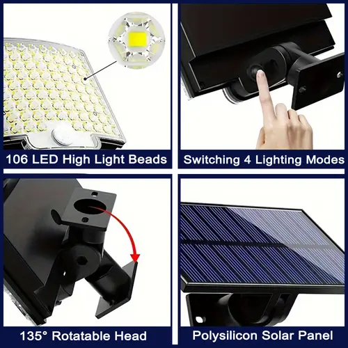 106LED Solar Outdoor Lights Motion Sensor Remote Wall Flood Lamp Security Waterproof Patio Garden Garage Fence Pathway Lighting - Image 3