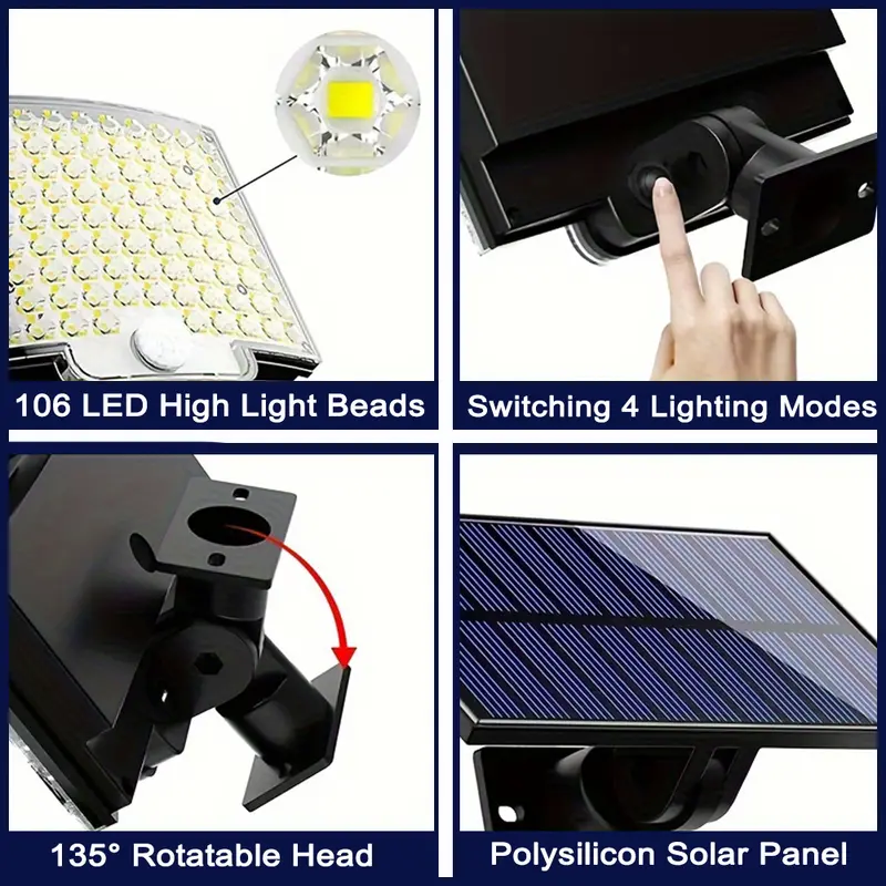 106LED Solar Outdoor Lights Motion Sensor Remote Wall Flood Lamp Security Waterproof Patio Garden Garage Fence Pathway Lighting - Image 3