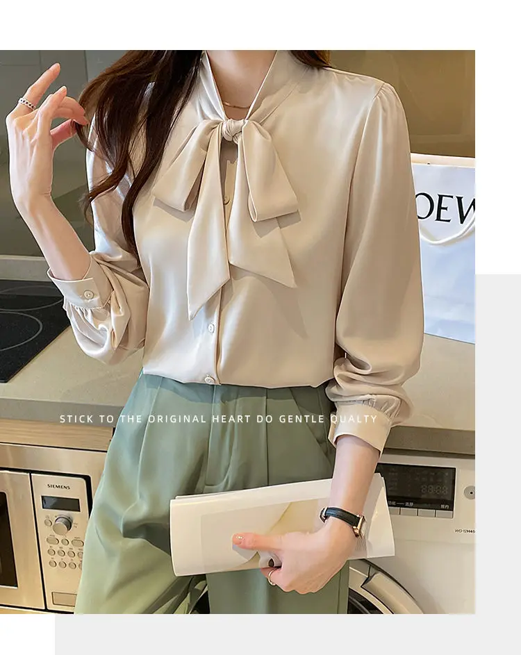 Korean Lacing Loose Solid Blouse Spring Autumn New Chiffon Long Sleeve All-match Elegant Shirt Tops Fashion Office Women Clothes