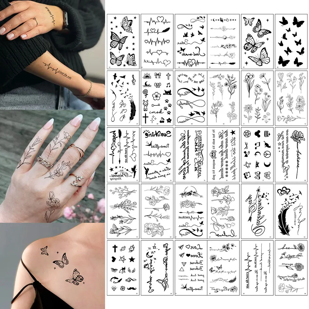 Waterproof Temporary Tattoo Sticker Butterfly Ring Tropic Feather Cross Flower Heart Line Body Art Arm Fake Tato Women Men 30pcs