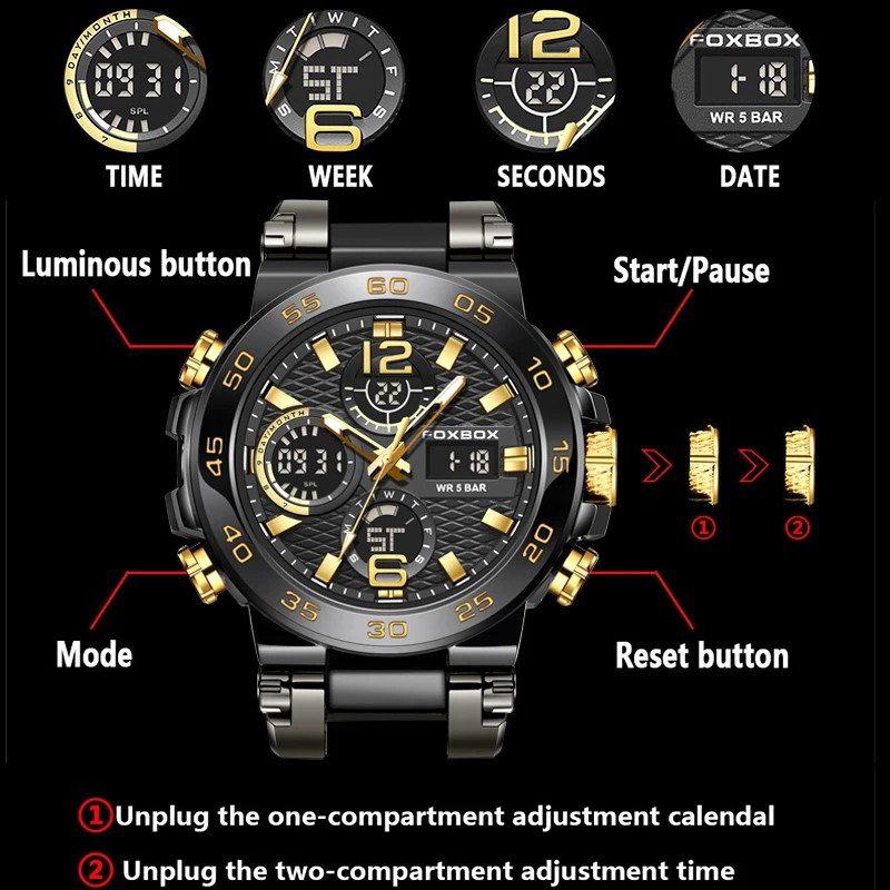 FOXBOX Men's Quartz Wristwatch LIGE Top Brand Luxury LED Display Waterproof Watch Men Outdoor Sport Analog Digital Watch For Men