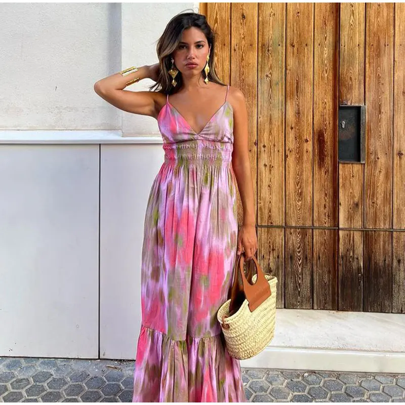 

Sexy Deep V-neck Printed Spaghetti Strap Dress Women Elegant Sleeveless Backless Maxi Dresses Summer Female Beach Party Dress