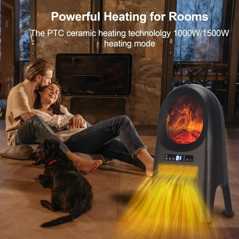 Indoor Space Heater, 1500W Ceramic Electric Heater with Flame, 24 Inch Remote 8H Timer Tower Heater with Thermostat 4