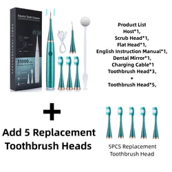 Advanced Electric Toothbrush Set with Six Oral Care Functions for Effective Tartar Removal (Green add 5 brush)