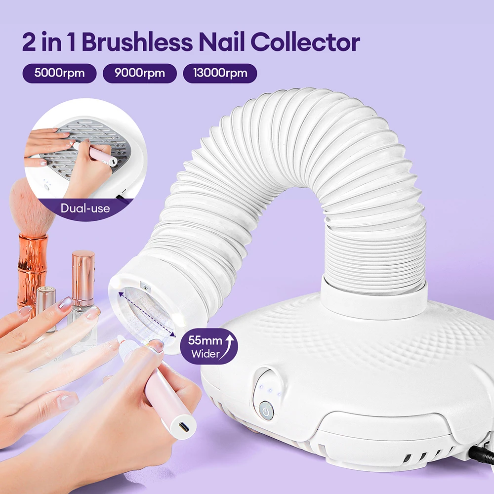 130W Brushless Double Use Nail Dust Collector With Tube Elbow Nail Dust Extractor Nail Art Manicure Powerful Vacuum Cleaner