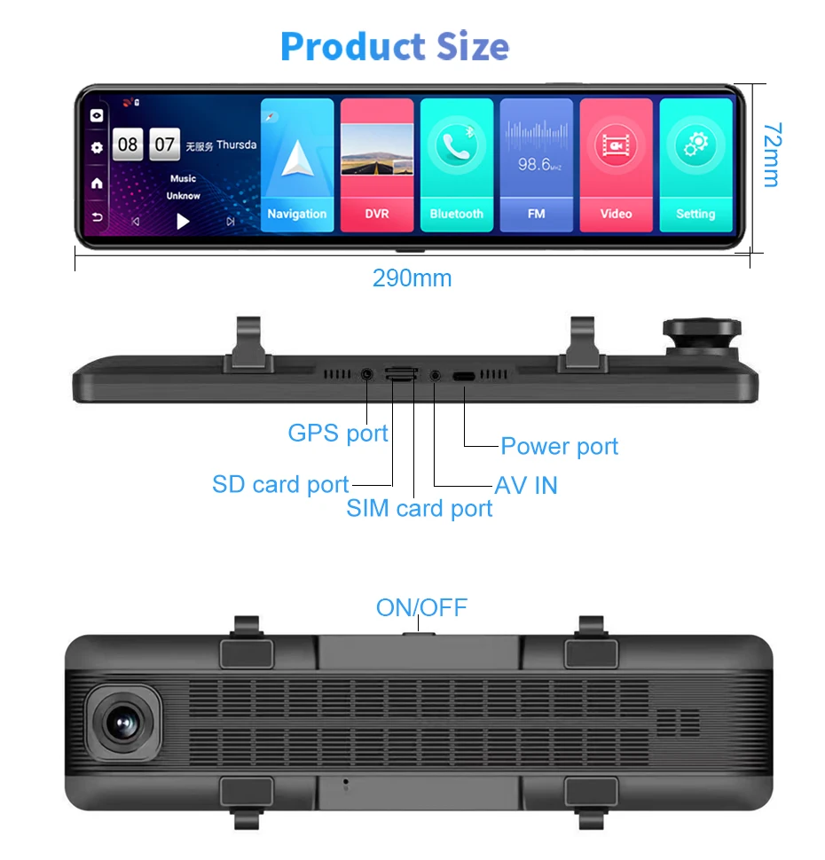 12 Inch Android 8.1 Rear view Mirror Triple Screen Car DVR 4G WiFi Dash Camera 2GB+32GB GPS Navigation 1080P Video Recorder