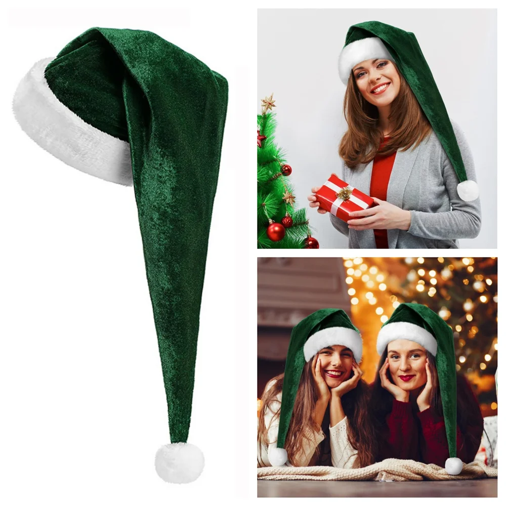 New Long Plush Christmas Hats Dark Green Golden Velvet Christmas Hat Adult Children's Holiday Santa Hat New Year Party Decor