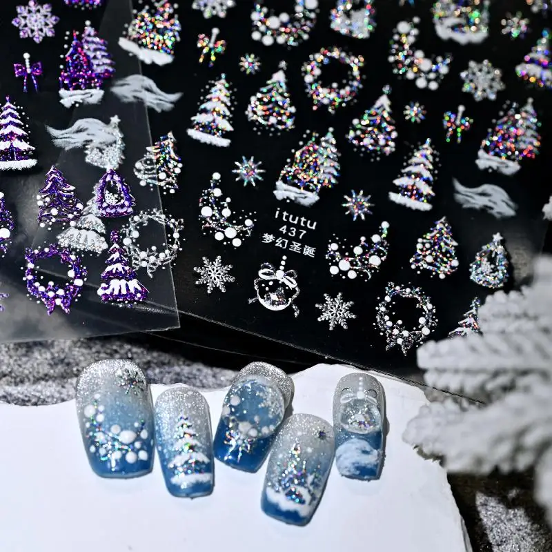 Christmas Embossed Nails Art Stickers Dreamy Castle Christmas Tree Snowflake Self-Adhesive Manicure Decals Nail Decoration