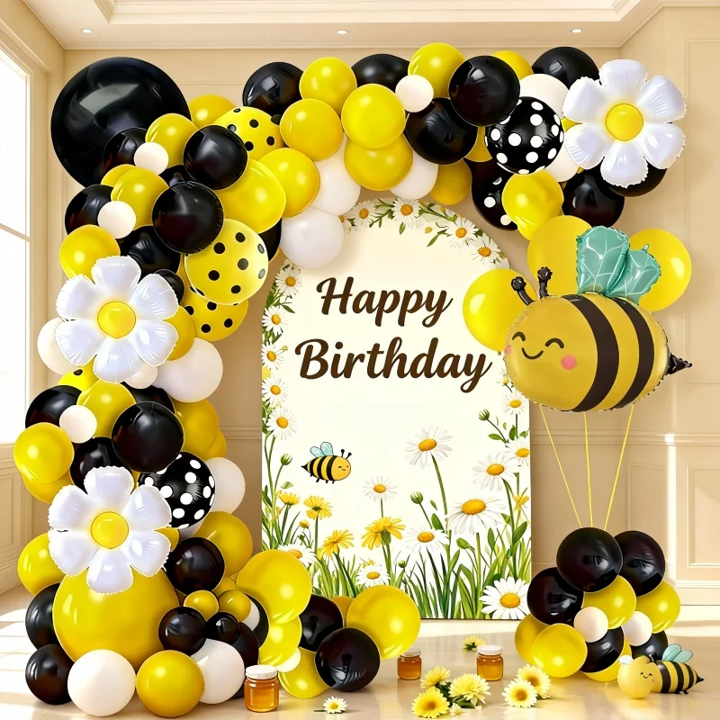 103-teiliges Geburtstags-Ballonbogen-Set mit Bienenthema – Gänseblümchen-Ballons mit schwarzen, gelben und weißen gepunkteten Ballons, Happy Birthday-Dekorationen, geeignet für den Frühling. Kindergeburtstagsparty-Zubehör