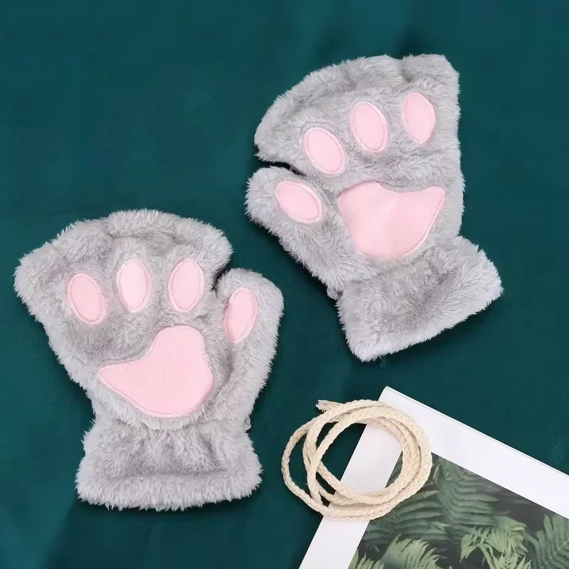 Lovely Plush Cat Claw Paw Gloves Plush Mittens Warm Soft Plush Short Fingerless Fluffy Bear Gloves Costume Half Finger Gloves