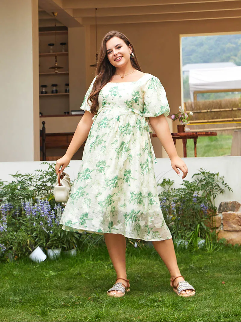 Green Floral Summer Long Women Dresses Casual Big Size Dress Women Bandage Plus Size Lining Maxi Chiffon Dresses For Women 2023