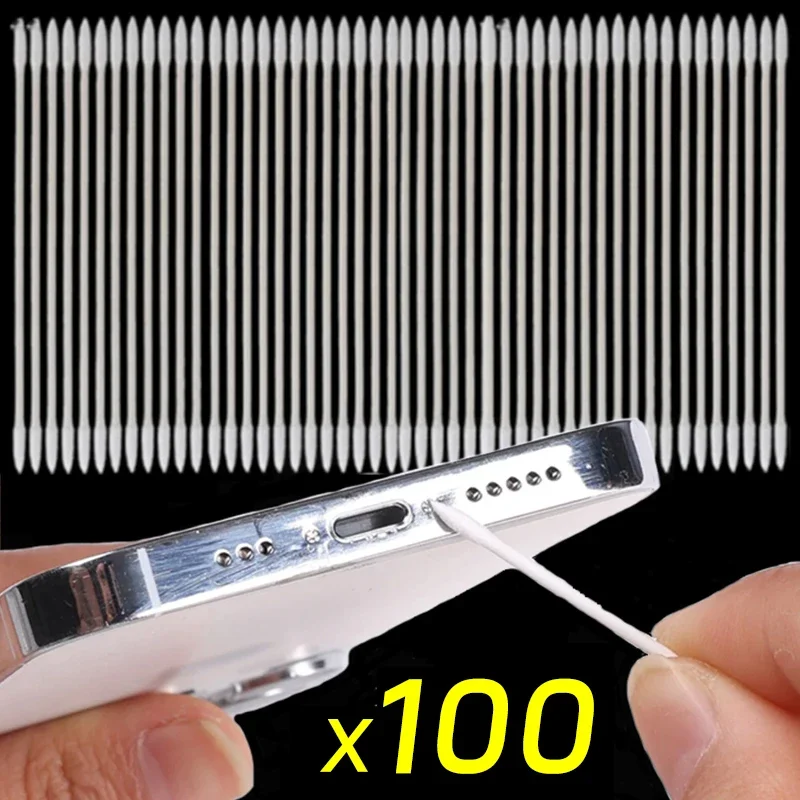 Earbud Cleaning Tool 100-25Pcs Dust Free Disposable Cleaning Swab Cotton Stick for AirPods Earphone Headphone Phone Charge Port